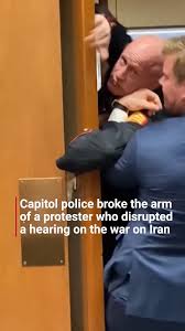 A Marine Corps veteran suffered a broken arm after he disrupted a Senate hearing Wednesday to protest the U.S.-Israeli war on Iran. The veteran, Brian McGinnis, resisted as he was aggressively pulled ...