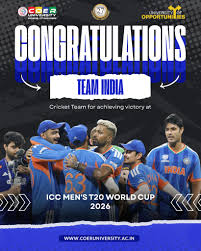 A proud moment for every Indian! 🇮🇳🏏 Congratulations to Team India for  their incredible victory at the ICC Men's T20 World Cup 2026. Your  determination, teamwork, and passion have once again united