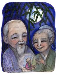 Japanese Folktale Art Print: Bamboo Cutter and Moon Child (6x8) Magic Baby  Portrait