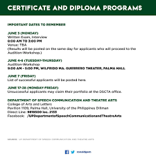 How to apply for a certified text of diploma secure an order of payment slip at the records section. Roentgen Magparehistroka On Twitter Certificate In Theatre Arts 2 Years College Of Arts And Letters Up Diliman For More Information Please Contact Up Dscta 9818500 Loc 2133 Facebook Updepartmentofspeechcommunicationandtheatrearts Pavilion