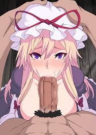 umezawa itte, yakumo yukari, touhou, animated, animated gif, commentary  request, highres, 1boy, 1girl, :>=, blonde hair, blush, breasts,  censored, deepthroat, dress, fellatio, hand on another's head, hat,  hat ribbon, head grab, hetero,