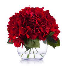 Accent your home with beautiful silk flower arrangements and centerpieces from floralhomedecor.net. Enova Home Red Silk Hydrangea Flower Arrangement In Clear White Vase With Faux Water For Home Wedding Centerpiece Overstock 29071285