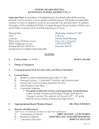 SCHOOL BOARD MEETING KENNEWICK SCHOOL DISTRICT NO. 17 Important Note: In  accordance with adopted policy, the Board will hold th