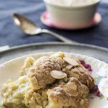 The heavy soak of butterscotch sauce. Pear And Rhubarb Pudding With Almond Topping Ina Paarman
