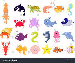 Big Vector Set Of Sea Creatures Cute Cartoon Animals Vector Illustration Underwoter Animals Sea Animal Shrimp Cartoon Sea Illustration Cute Cartoon Animals
