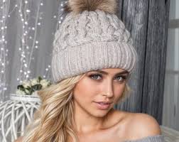 Women's White Beige Hat Beanie Fluffy Fur Pompom Fleece Lined, Women Winter  Hat, Chunky Hat, Knit Hat