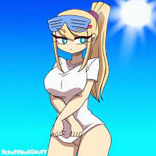 1girls animated artist name big eyes blonde hair blue eyes  flashing metroid ponytail public exposure public indecency pussy revealing  breasts samus aran scruffmuhgruff shirt lift shirt only shutter shades
