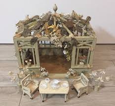 Puppenstube Jugendstil Garten Pavillon Puppe Zubehor Antik Spielzeug Stoffblumen Antikes Spielzeug