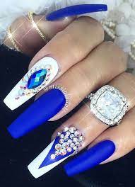 Black and white studded nail art design. White Royal Blue Rhinestone Nails Design Nailart Nails Design With Rhinestones Rhinestone Nails Acrylic Nail Designs