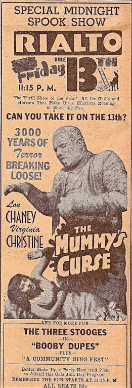 A 1940s newspaper ad for a Friday The 13th showing of "The Mummy's Curse"