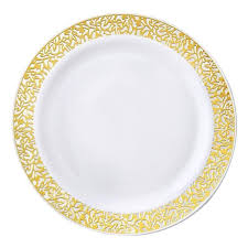 Black And Gold Plastic Plates Set Of 10 9 White Round Disposable Plastic Dinner Plates With Gold Lace Design Rim Plastic Plates Disposable Plates Disposable Plastic Plates