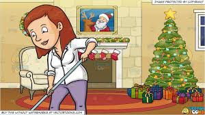 A Woman Sweeping The Floor With A Large Broom And A Fireplace Beside A Christmas Tree Background Christmas Tree Background Big Christmas Tree Decorated Wreaths
