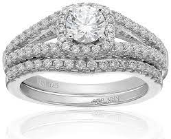 Amazon Collection Cubic Zirconia Split Shank Bridal Set In Sterling Silver Wedding R Bridal Jewelry Sets Sterling Silver Wedding Rings Beautiful Bridal Jewelry