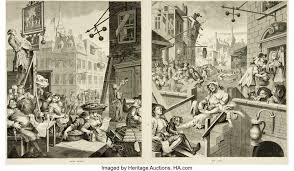A scene of london life is depicted in which the pawnbrokers, gin cellar and distillery are now flourishing, and people s lives are being destroyed by. William Hogarth English Artist 1697 1764 Group Of Two Black And Lot 94334 Heritage Auctions