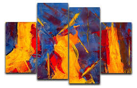 Red, yellow, blue, and red abstract painting. Yellow Blue Brown And Red Abstract Painting 4 Split Panel Canvas Canvas Art Rocks
