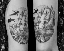 Peter Pan Pirate Ship Tattoo Made With Linework And Dotwork Ship Tattoo Pirate Ship Tattoo Ankle Tattoo Small