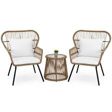 Best Choice Products 3 Piece Patio Wicker Conversation Bistro Set W 2 Chairs Glass Top Side Table Cushions Tan Walmart Com In 2020 Backyard Furniture Bistro Furniture Glass Top Side Table