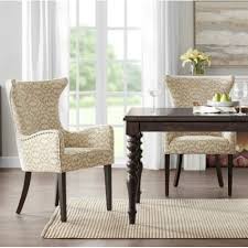 Tan Cream Loop Design Fabric Dark Wood Leg Dining Chair Set 2 Dining Chairs Simple Dining Chairs Dining Chair Set