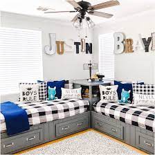 Here two twin beds split one wall and feature identical bedding and headboards for a cohesive look. 56 Cool Bedroom Decor Ideas For Your Little Boys Shared Boys Rooms Kids Room Design Boys Room Decor