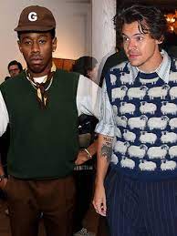 Tyler, the creator wearing golf wang leopard print vest, supreme work pant navy, dr. Why The Humble Sweater Vest Is More Than A Novelty Gift Vogue