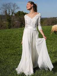Long Sleeves Wedding Dress V Back Lace Informal Bridal Dress Chiffon Wedding Dress Beach Wedding Dresses Beach Wedding Dresses Backless