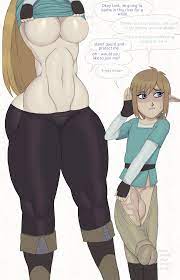 1boy 1girls big ass big balls big breasts big butt big penis big  thighs boner boner in pants breath of the wild clothed clothes dialog  dialogue horny horny male