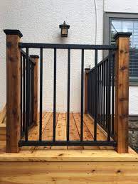 Westbury Aluminum Railing Black Attached To Cedar Posts Outdoor Stair Railing Porch Handrails Deck Stair Railing