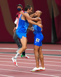 Mutaz barshim of qatar and gianmarco tamberi of italy tied for the gold medal in the men's high jump at the tokyo games. Pjgdeynirczotm