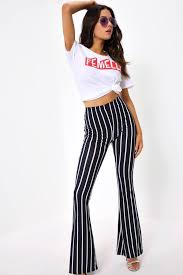 Black And White Striped Flare Pants Outfit Navy White Striped Flare Trousers Trousers Pattern Cute Casual Outfits Navy White Stripe