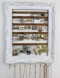 Distressed White Jewelry Organizer Wall Hanging Earring Organization Jewelry Holder Frame Elegant Display Creatively Cluttered Storage In 2020 Jewelry Organizer Wall Jewelry Storage Diy Hanging Jewelry