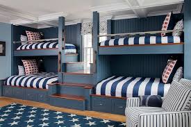 A bunk bed is a type of bed in which one bed frame is stacked on top of another, allowing two or more beds to occupy the floor space usually required by just one. Navy Blue Built In Bunk Beds With Blue Awning Stripe Duvet Covers Cottage