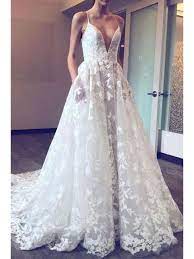 Deep V Neck Wedding Dresses Lace Applique Vintage Wedding Dress With Pocket Awd1096 Floral Lace Wedding Dress Cheap Lace Wedding Dresses Lace Applique Wedding Dress