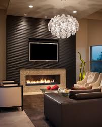 Living Room With Wood Clad Accent Wall Fireplace And Modern Chandelier Accent Walls In Living Room Living Room Tiles Fireplace Accent Walls