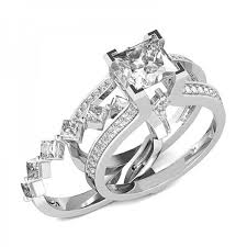 Engagement halo white gold fine rings. Diamond Essence Designer Wedding Set With Insertable Wedding Ring Of 0 10 Ct Each Princess Melee Main Band With 2 Carat Princess Cut Center And Round Melee On The Band Beautiful Wedding Set