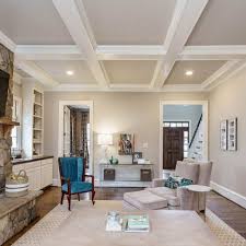 Living Room Coffered Ceiling 2 Tone Design White Beams With Gray Coffers And Recess In 2020 Recessed Lighting Living Room House Ceiling Design Wood Beams Living Room