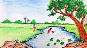 See more ideas about scenery, scenery pictures, beautiful places. Natural Scenery Drawing Of A Beautiful Village And Grameen Pond Ghat Dibujos Sencillos Dibujos Arte