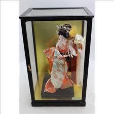 Overall good vintage condition, repairs, guitar strings disintegrated from auction: Japanese Style Geisha Doll In Display Case Property Room