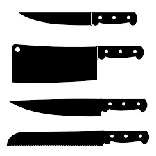 Aluminum red pan and ladle. Set Of Kitchen Knives In A Black And White Illustration Utility Knife Cleaver Knife Chef S Knife Bread Knife Kitchenwa Kitchen Knives Cleaver Knife Knife