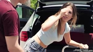 Stunning big tits brunette is struggling with her groceries and gets help  from her nice neighbor.She lures him into the bathroom and takes off her  top and kisses him.He licks her and