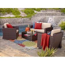 Incadozo 4 Piece Outdoor Wicker Conversation Set Dark Brown With Beige Cushions Walmart Com Patio Cushions Outdoor Furniture Sets Outdoor Wicker Set