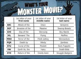 What S Your Movie Monster Name Beware The Disco Boy Bands That Does Sound Like A Monster Movie Funny Names Monster Names Movie Monsters