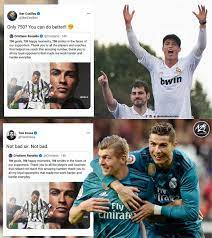 Real madrid midfielder toni kroos played down any notion of a rift between cristiano ronaldo and head coach zinedine zidane. Teamcronaldo On Twitter Casillas Toni Kroos React To Cristiano Ronaldo S 750 Goals Milestone Post