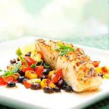 Sea Bass Is A Firm Fish That Fares Well On The Grill Grilled Mango And Bell Pepper Add A Subtle Smokiness To The Colorful Black Bean Fish Recipes Recipes Food