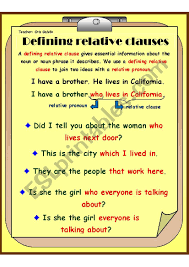 I have to learn english through grammar exercises online. Defining Relative Clause Explanation Card I Used It To Explain About Defining Relative Clauses Esl Worksheet By Crissorrir