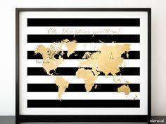 Black And White Strips Background Gold Foil World Map Printable With Black And White Stripes No Quote Gold World Map Decor Gold Bedroom