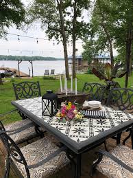 How To Update An Old Tile Table Stenciled Table Ideas Diy Table Stencil How To Stencil Tiles Hipandhu Diy Patio Table Outdoor Patio Table Tile Patio Table