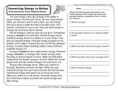 Converting Energy To Motion 3rd Grade Reading Comprehension Worksheet Reading Comprehension Worksheets Science Reading Science Reading Passages