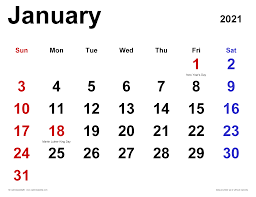 We use the calendar to monitor social events as well as appointments. January 2021 Calendar Templates For Word Excel And Pdf