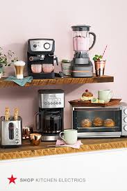 Cover any imperfections with baskets. From Coffee Makers And Blenders To Toasters And Tiny Convection Ovens These Crux Kitchen Electrics Pa Coffee Bar Home Kitchen Decor Themes Small Breakfast Bar