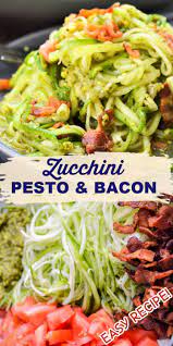 Fresh Zucchini Noodles With Pesto And Bacon Make A Light Summer Meal With The Bold Flavors Zucchini Noodles With Pesto Zucchini Noodle Recipes Pasta Substitute